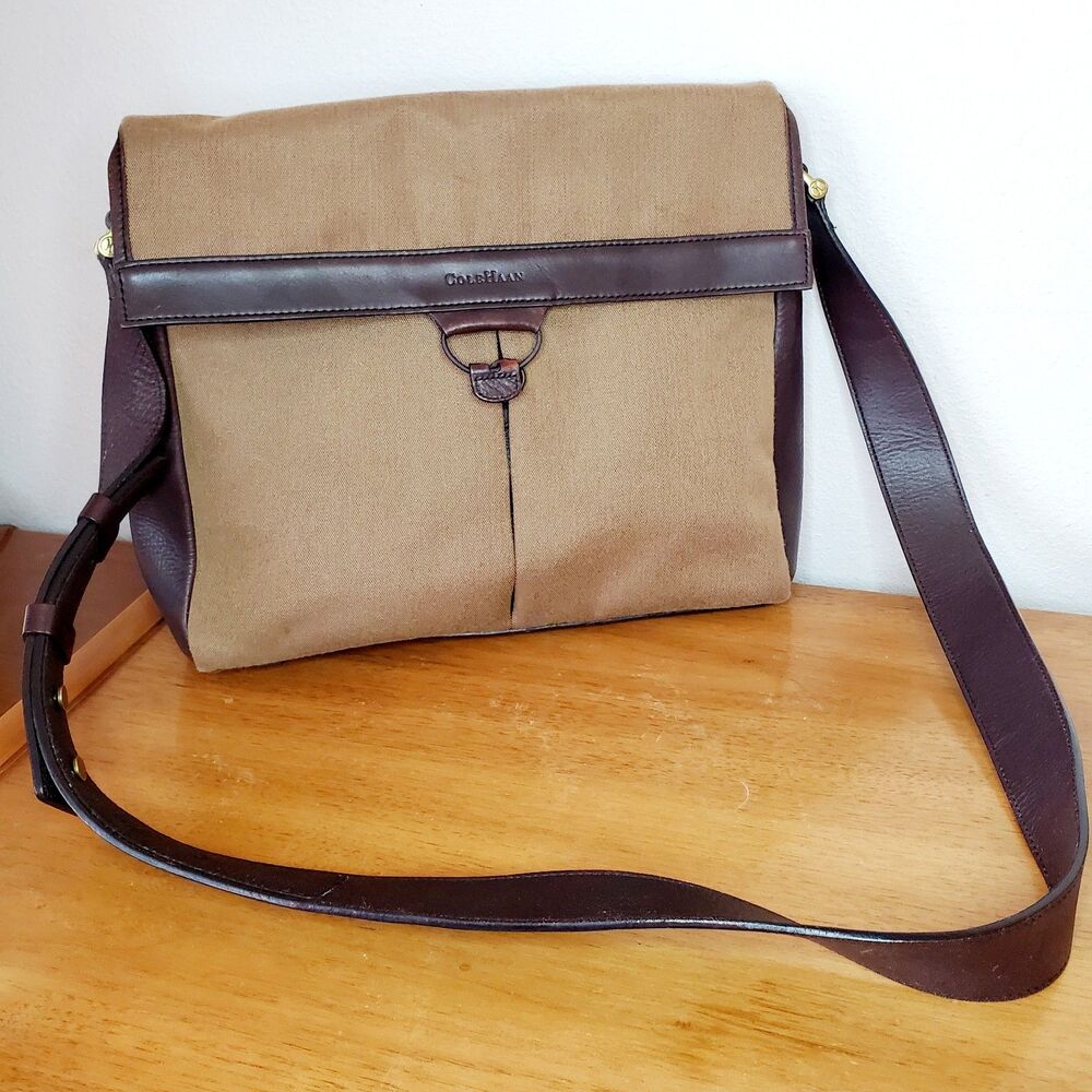 VTG Cole Haan Brown Canvas Leather Messenger Bag Mens Satchel Casual Travel